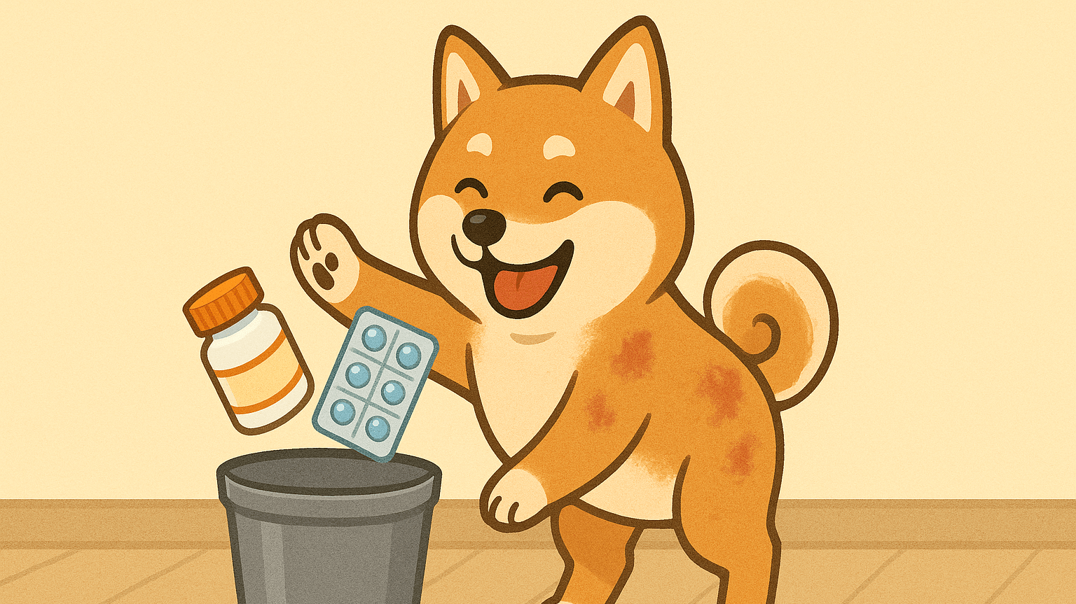 アトピー性皮膚炎の柴犬が薬やサプリを手放したイラスト